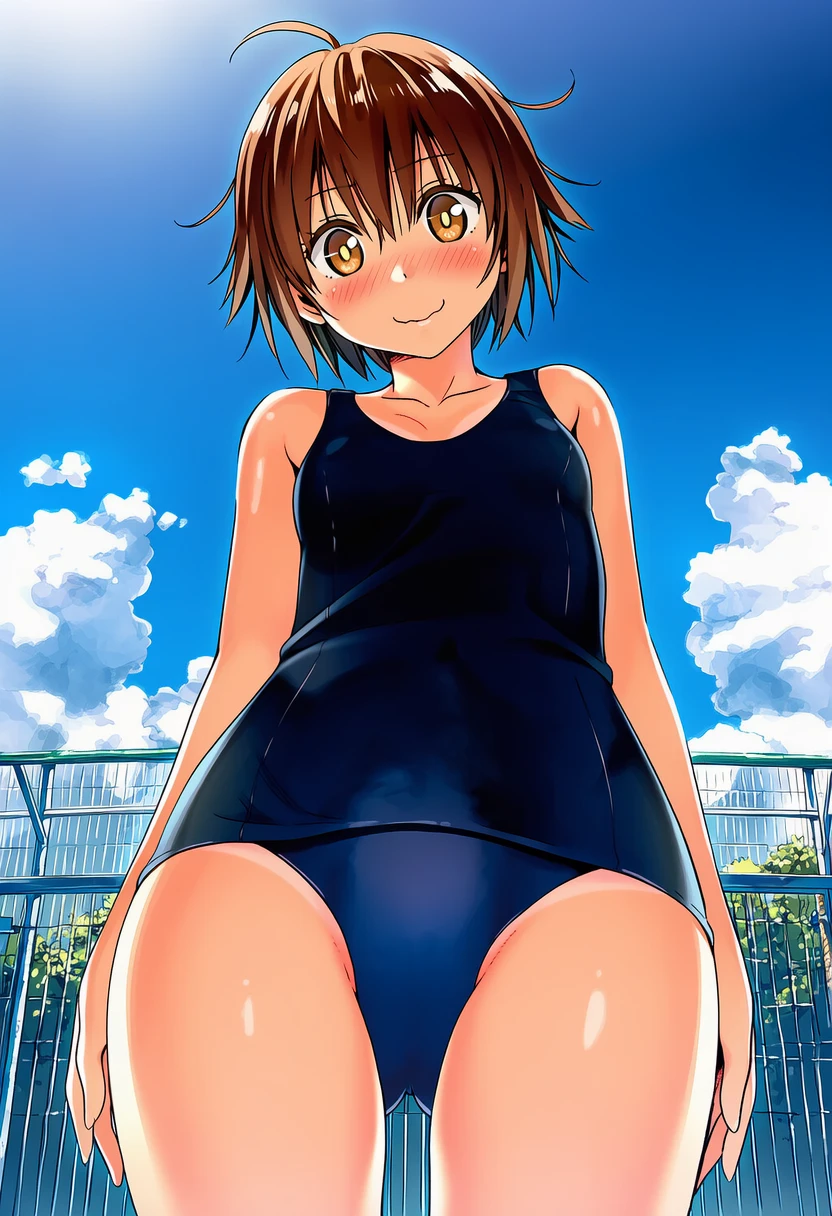 プールサイドに立つ神代あかねはスクール水着きてる