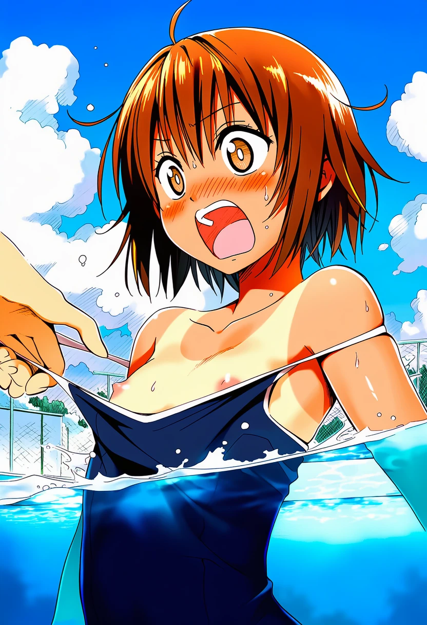 神代あかねさんはうっかり水着を引っ張られてしまう