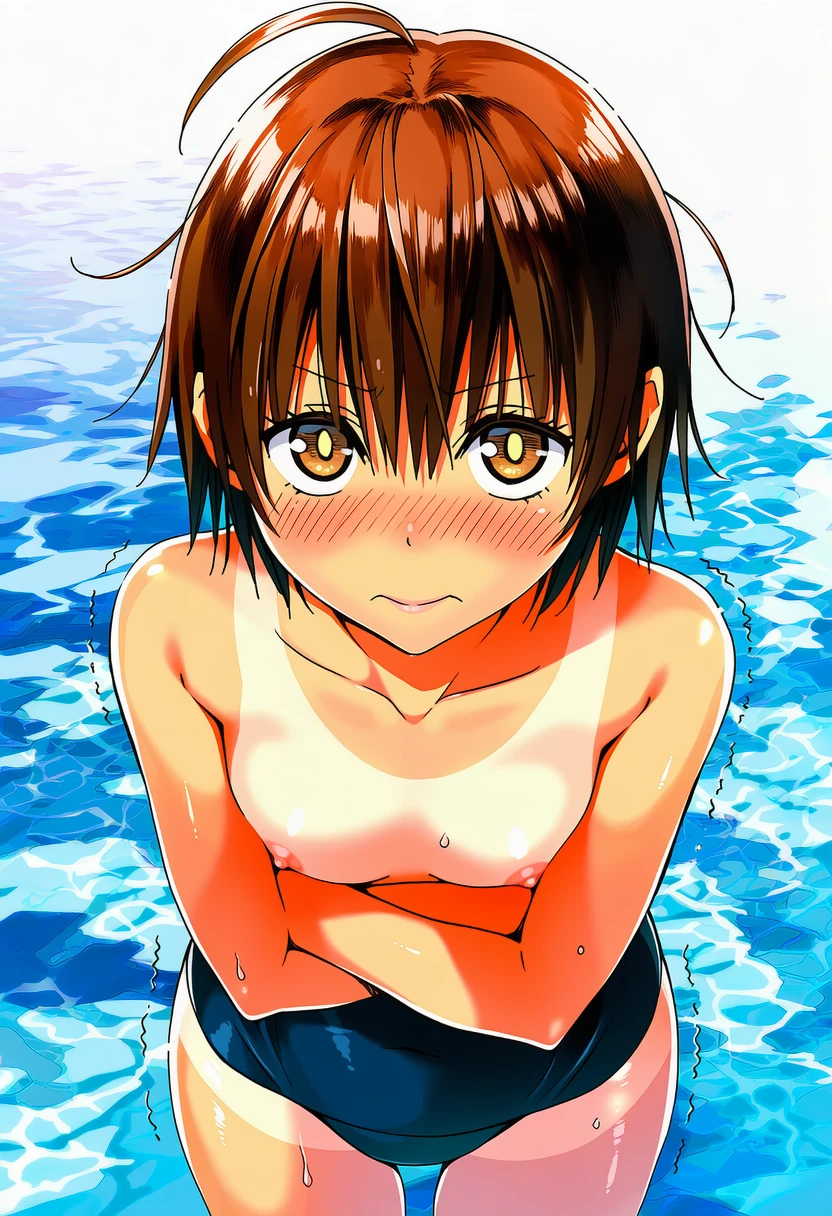 神代あかねは男の子水着はいて恥ずかしそう。