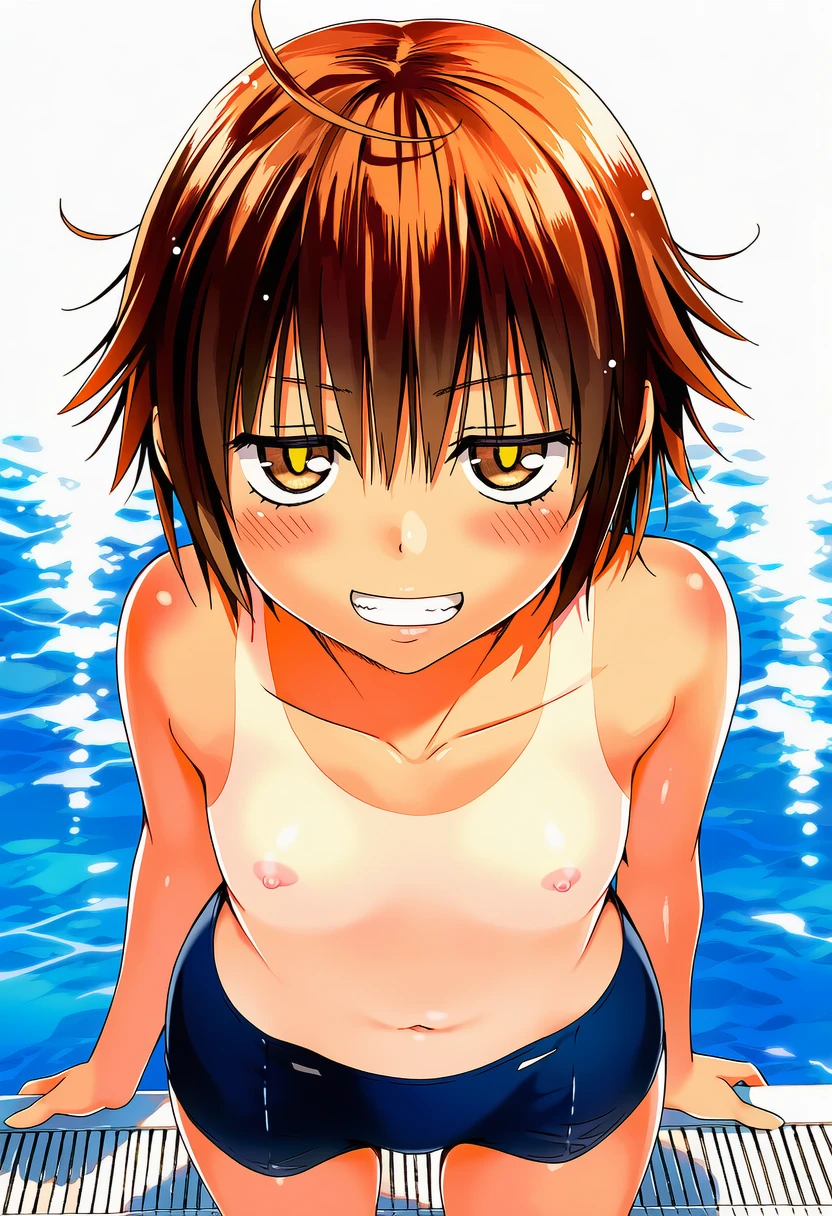 神代あかねは男の子水着でジト目苦笑い