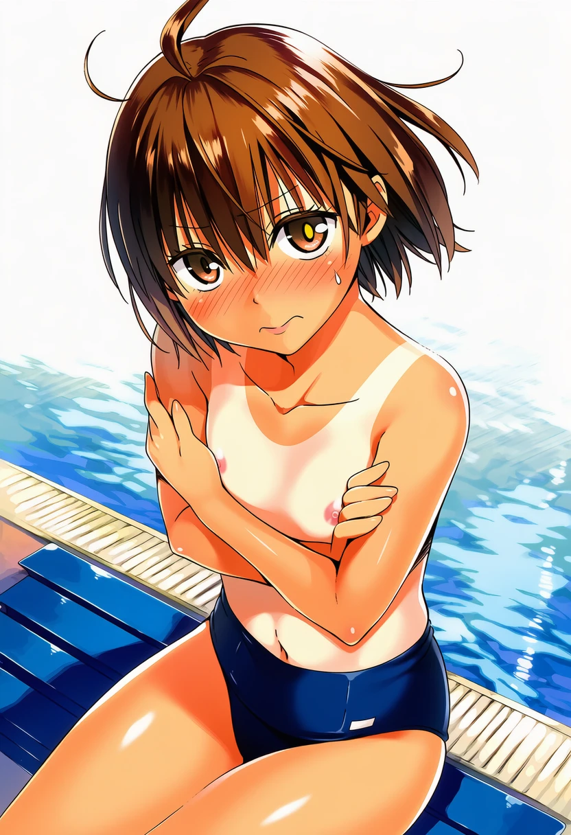 神代あかねは男の子水着でベンチに座ってる