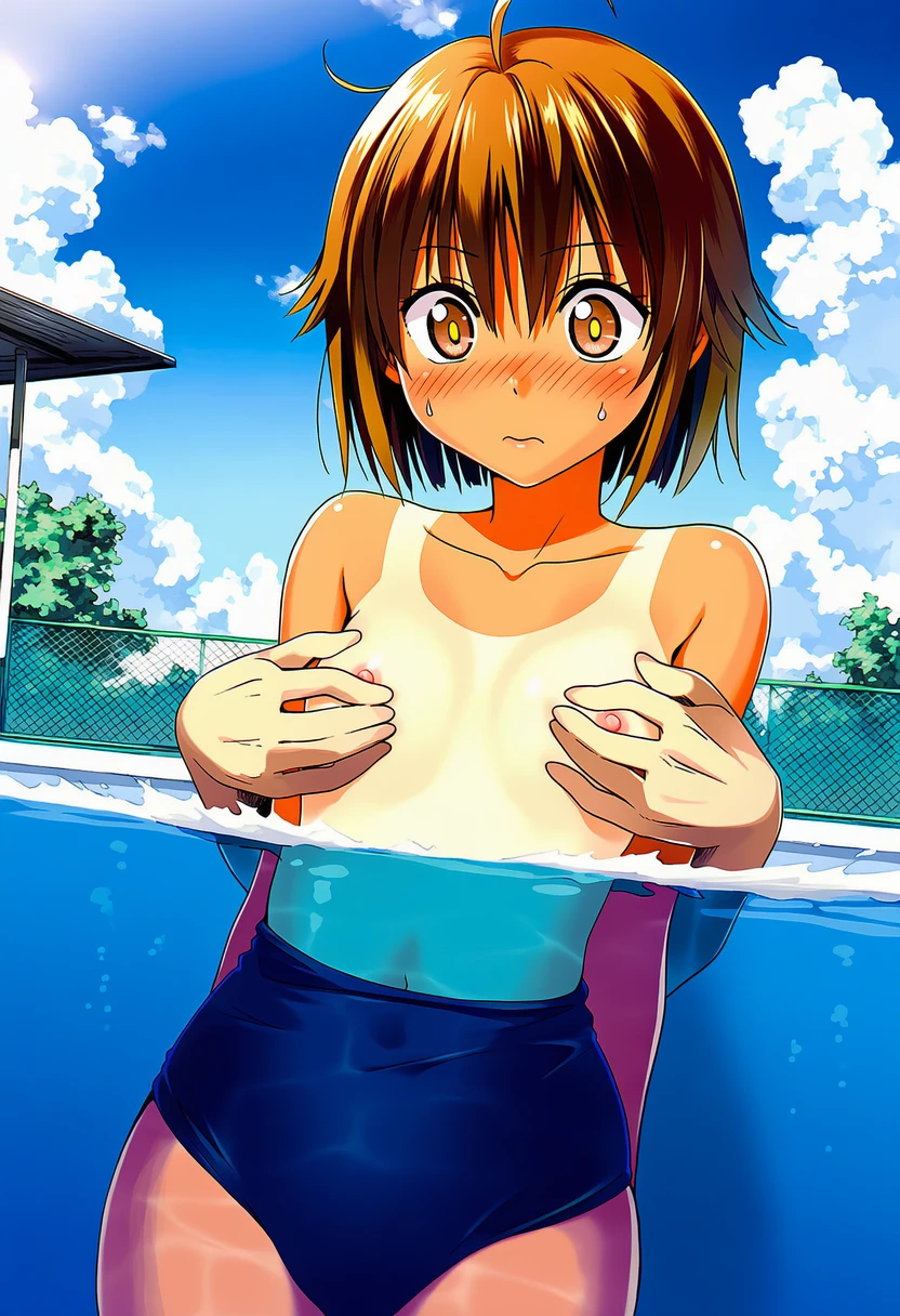 神代あかねは男の子水着でおっぱい鷲掴みにされる