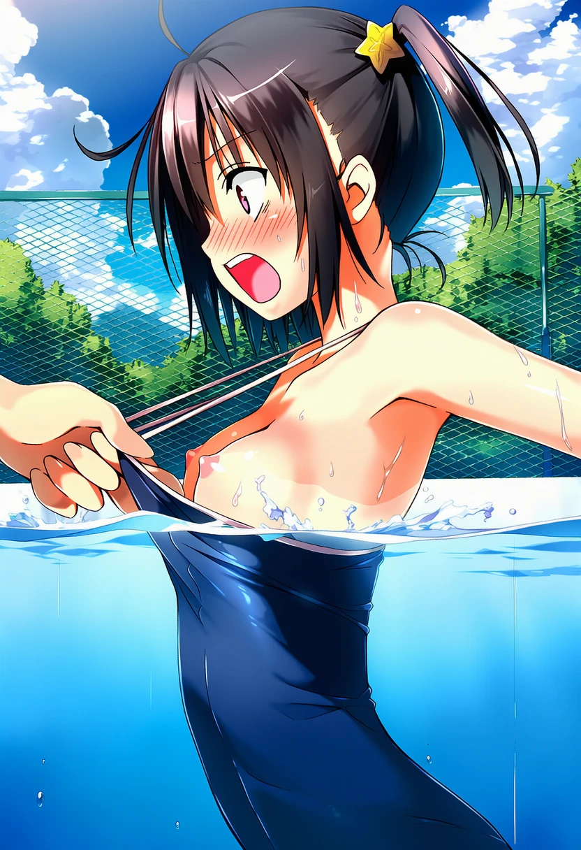 真理谷なつめさんはうっかり水着を引っ張られてしまう