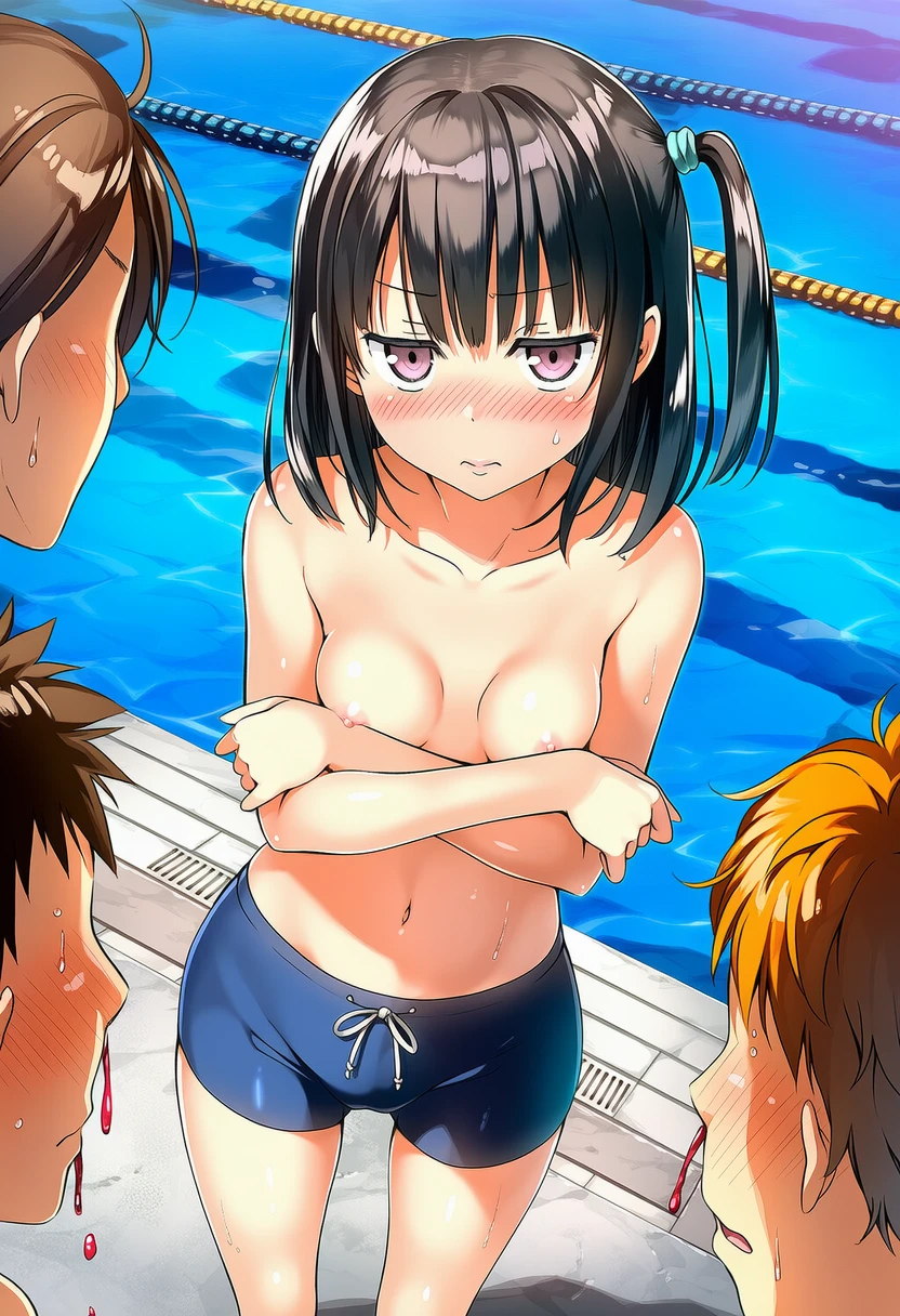 真理谷なつめは男の子水着でおっぱい丸出しで男の子に囲まれてる