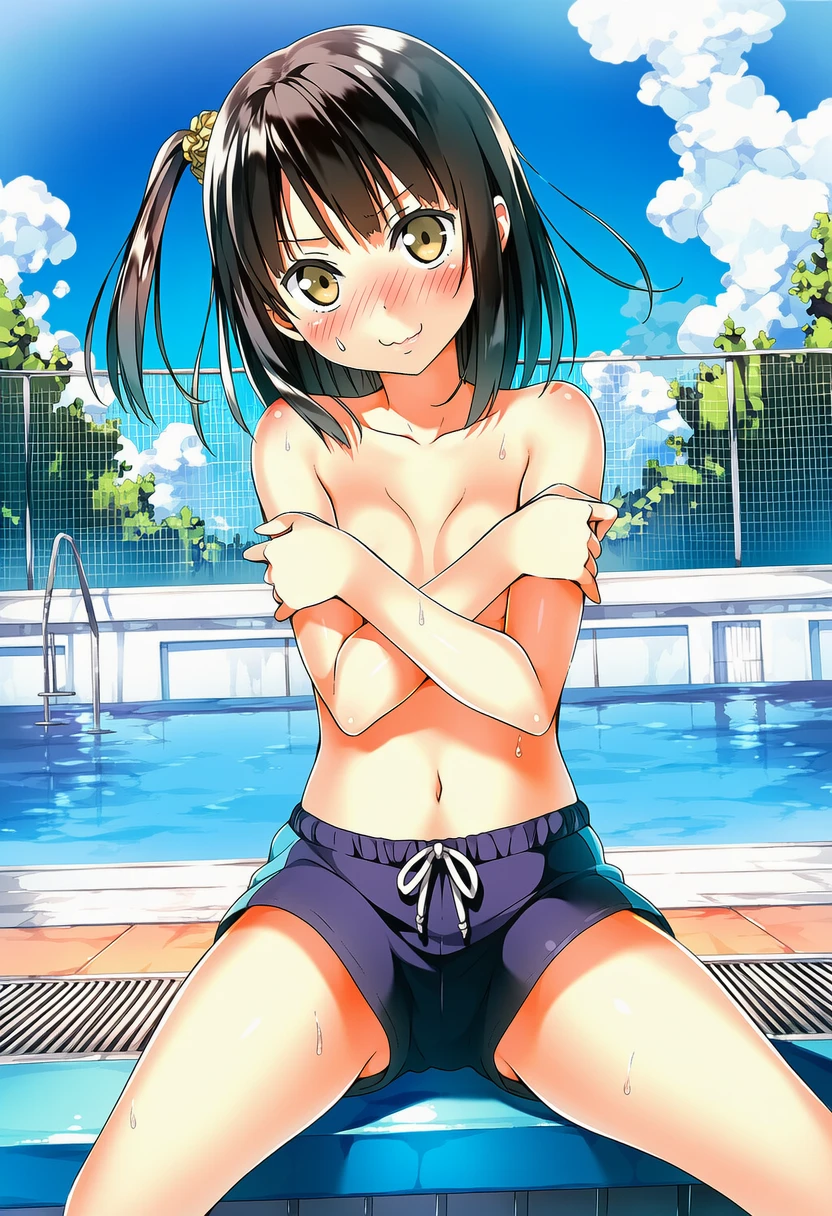 真理谷なつめは男の子水着でベンチに座ってる