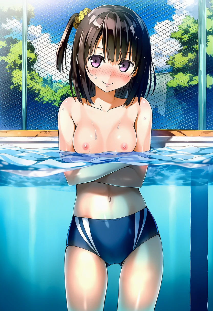 真理谷なつめは男の子水着でプールの中
