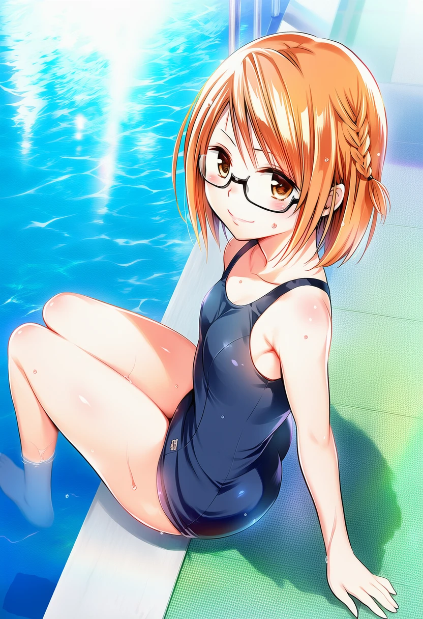 硯谷しずくはスクール水着でプールサイドに座る