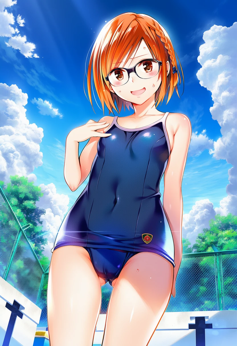 プールサイドに立つ硯谷しずくはスクール水着きてる