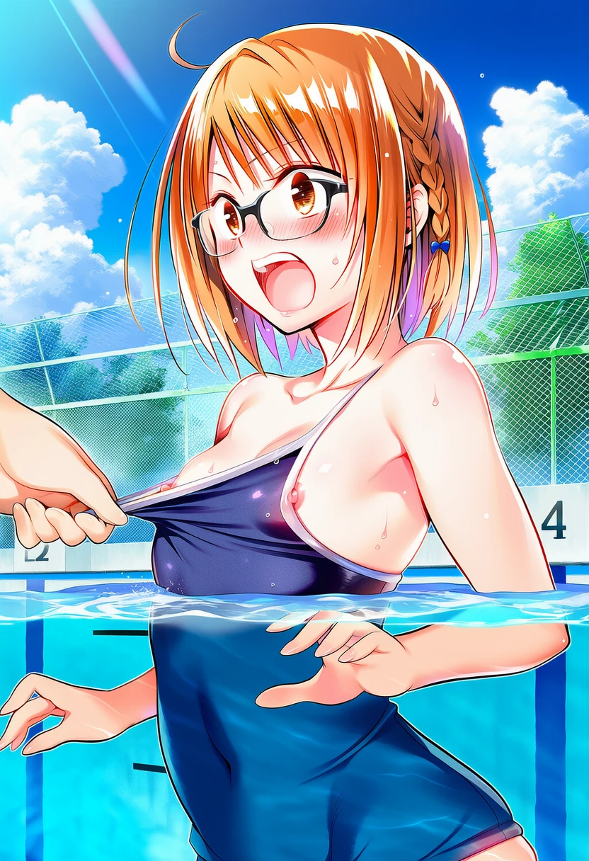 硯谷しずくさんはうっかり水着を引っ張られてしまう
