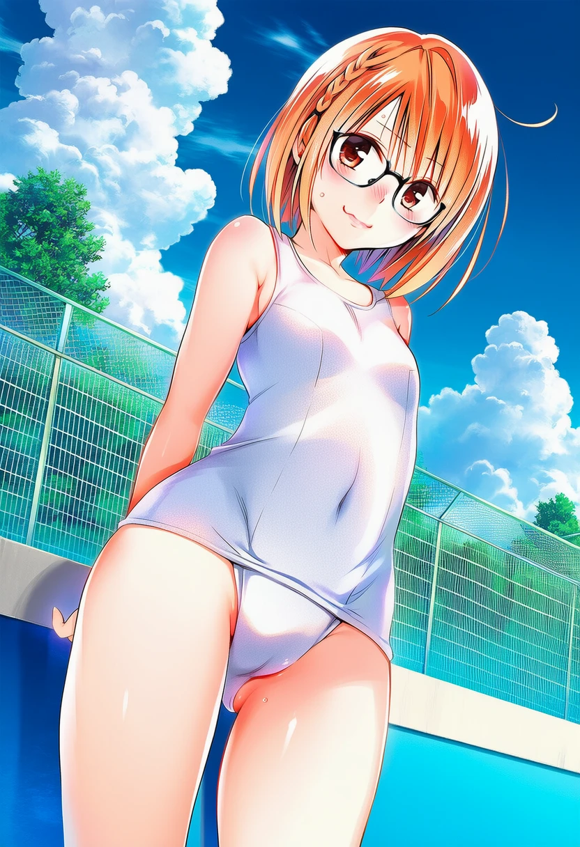 硯谷しずくはしろスク水でプールサイドに立つ