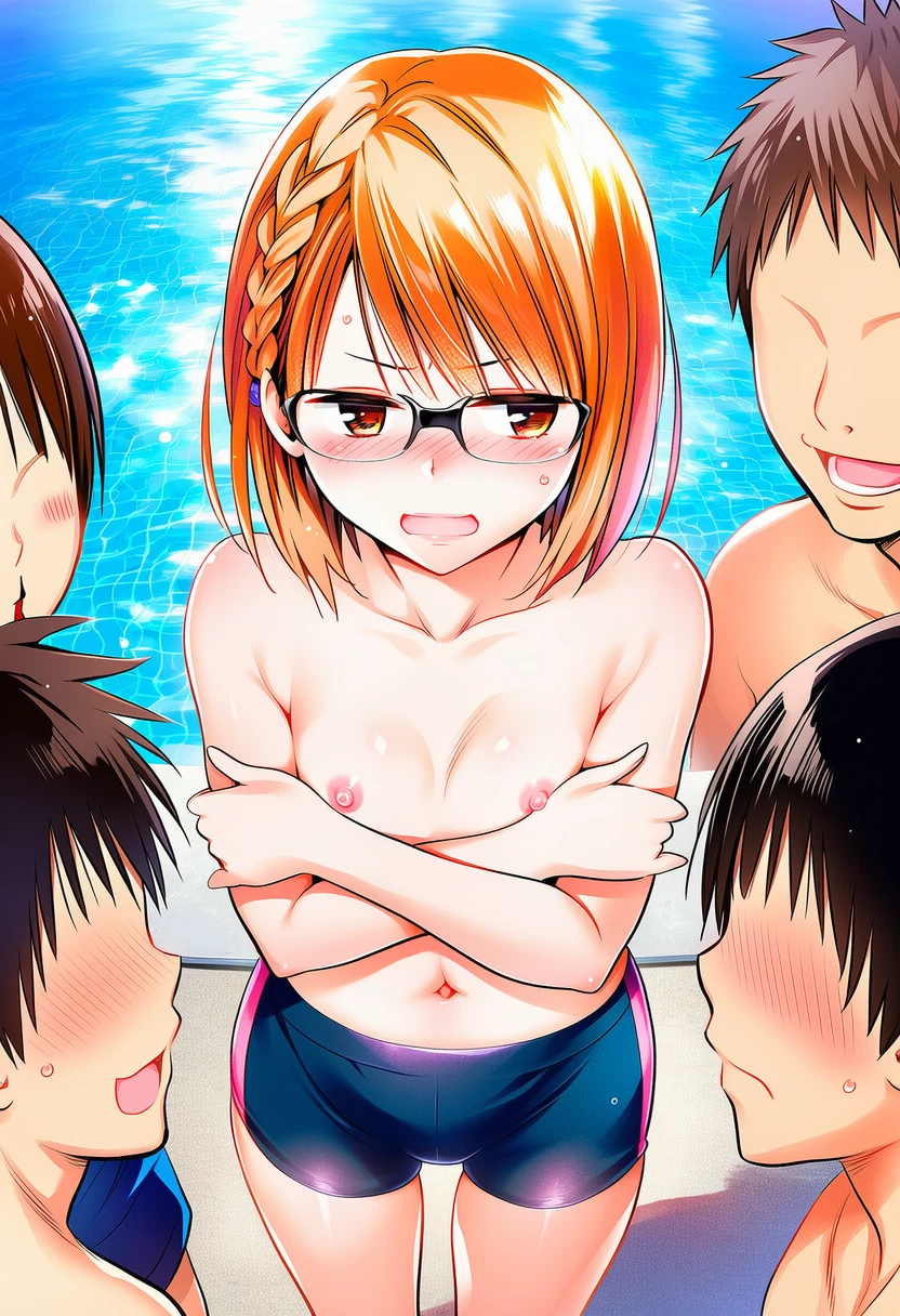 硯谷しずくは男の子水着でおっぱい丸出しで男の子に囲まれてる