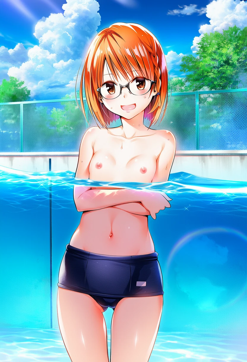 硯谷しずくは男の子水着でプールの中