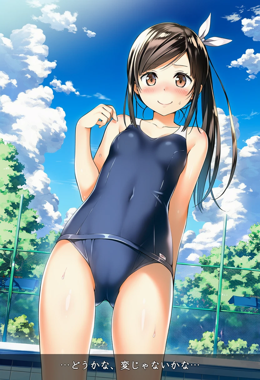 プールサイドに立つ谷口みつきはスクール水着きてる
