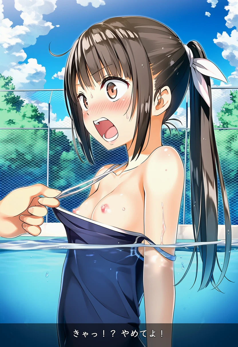 谷口みつきさんはうっかり水着を引っ張られてしまう