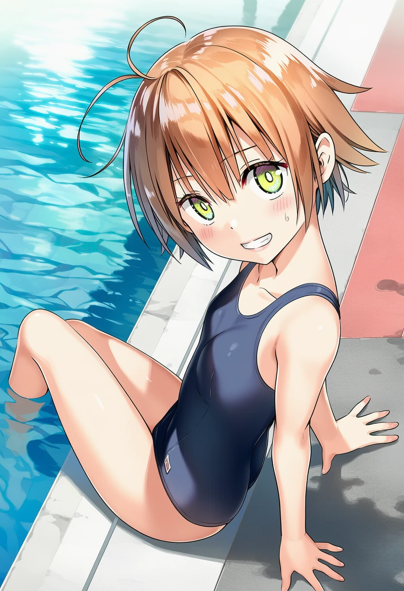 日向寺りりはスクール水着でプールサイドに座る
