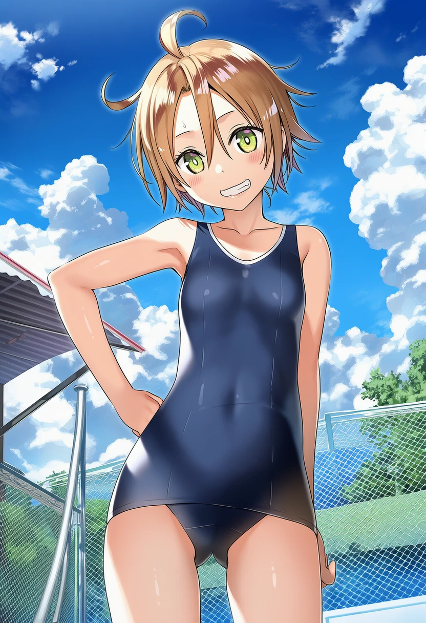 プールサイドに立つ日向寺りりはスクール水着きてる
