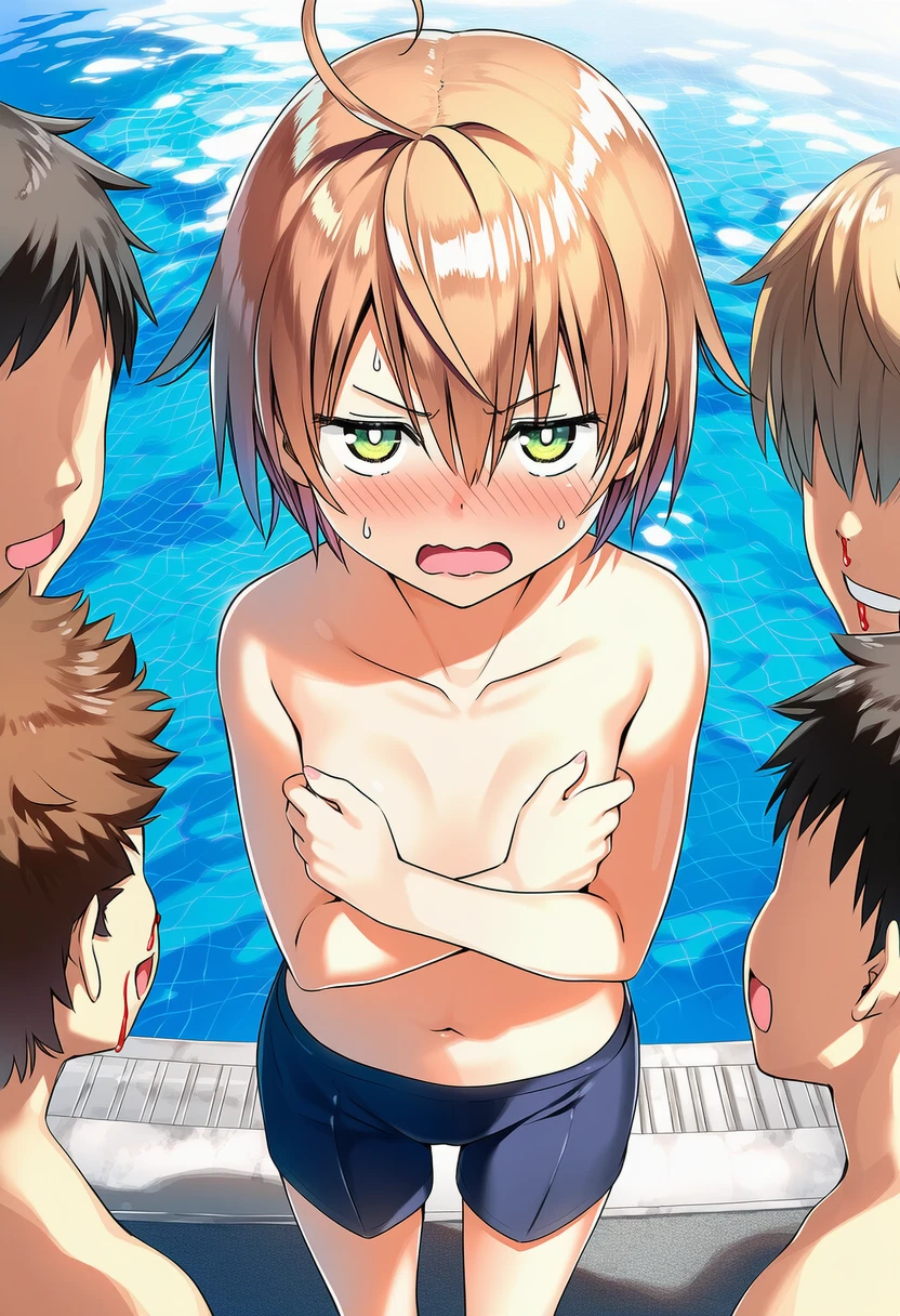 日向寺りりは男の子水着でおっぱい丸出しで男の子に囲まれてる