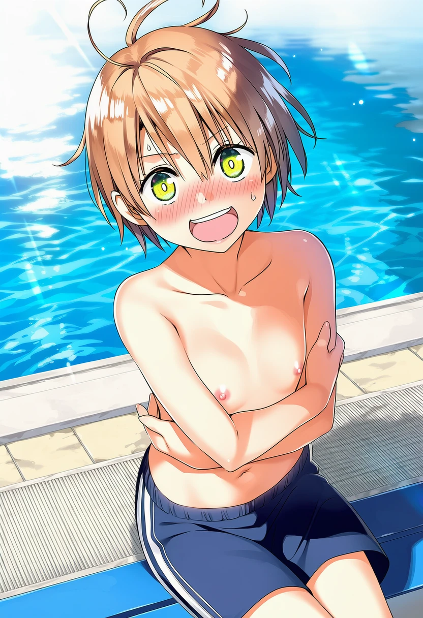 日向寺りりは男の子水着でベンチに座ってる