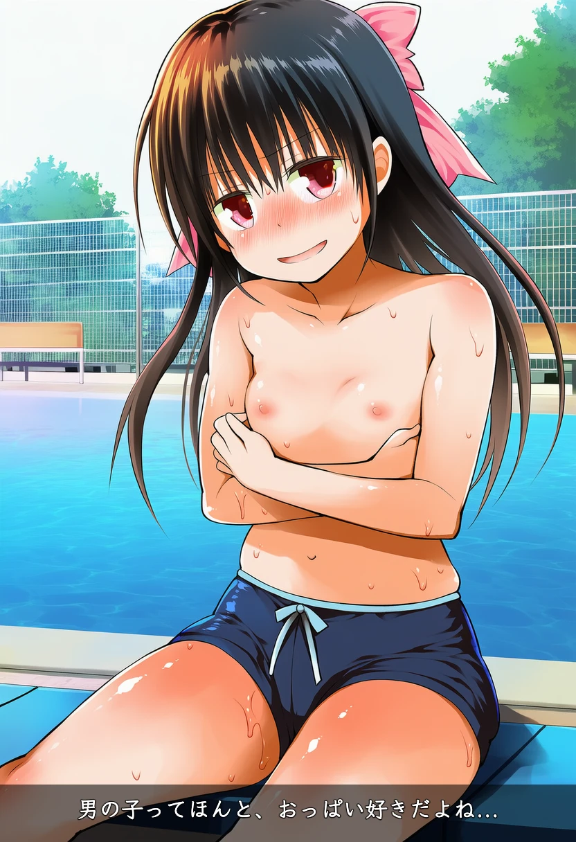 波多野こよりは男の子水着でベンチに座ってる