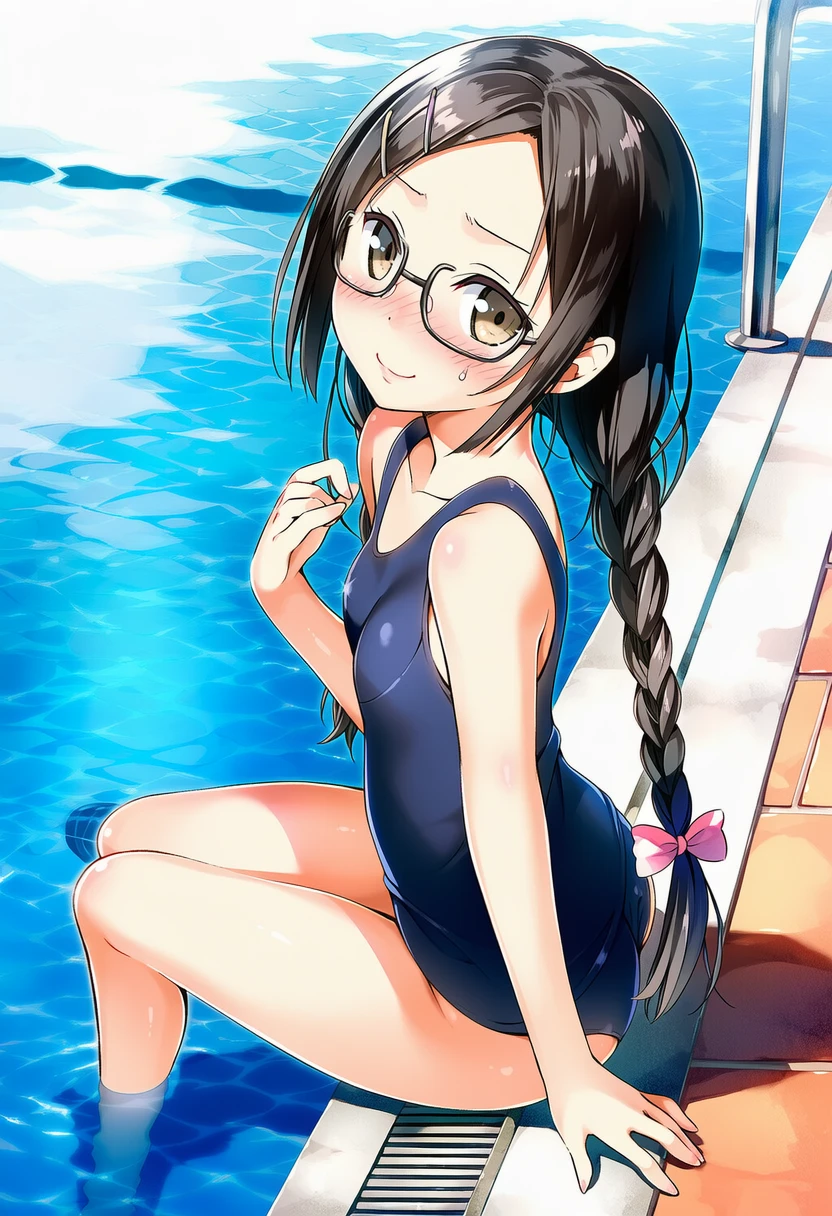 夜月たかねはスクール水着でプールサイドに座る