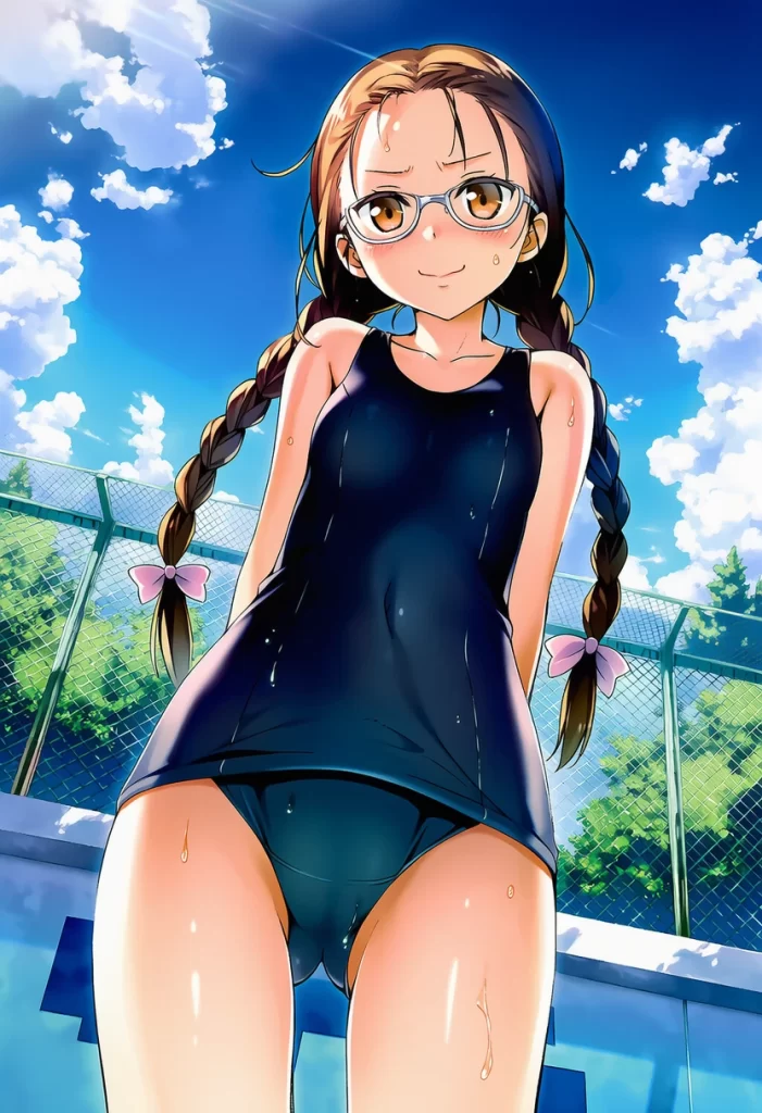 プールサイドに立つ夜月たかねはスクール水着きてる