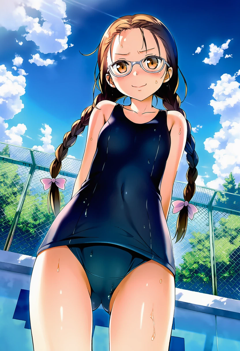 プールサイドに立つ夜月たかねはスクール水着きてる