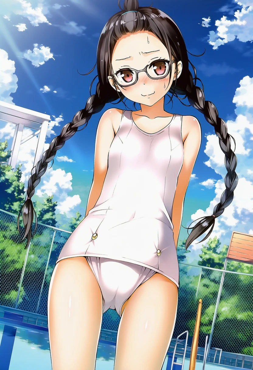 夜月たかねはしろスク水でプールサイドに立つ