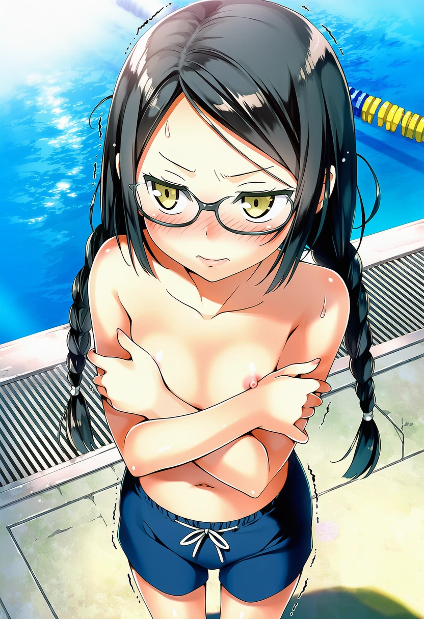 夜月たかねは男の子水着はいて恥ずかしそう。