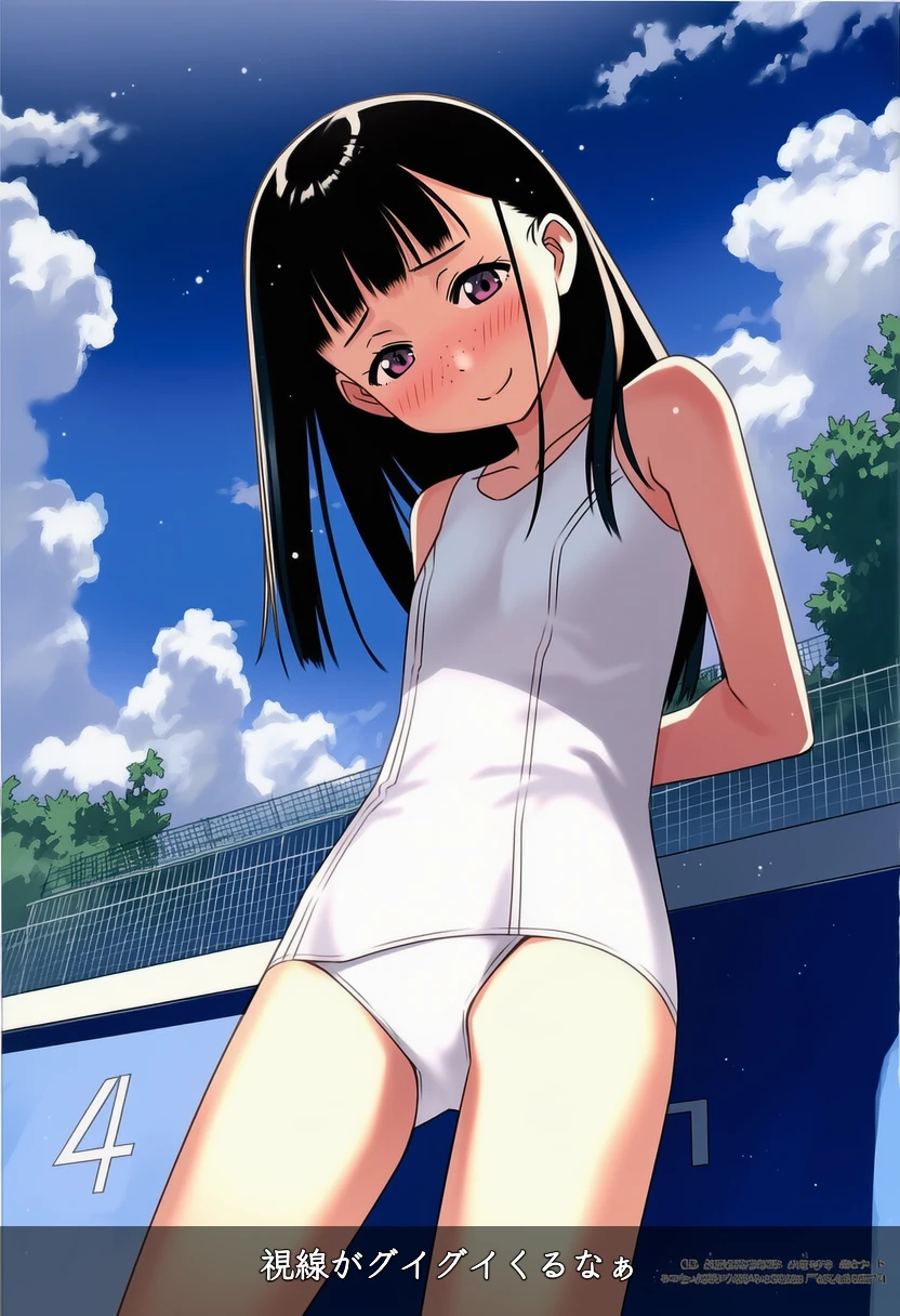マキはしろスク水でプールサイドに立つ